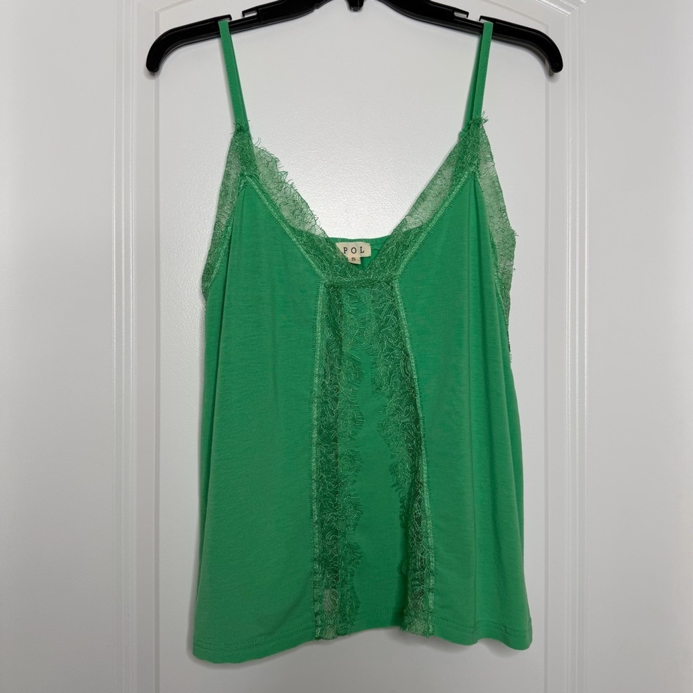 POL Green Lace Trim Tank Small Boho Flowy Drapey Casual Festival Camisole - Picture 2 of 11